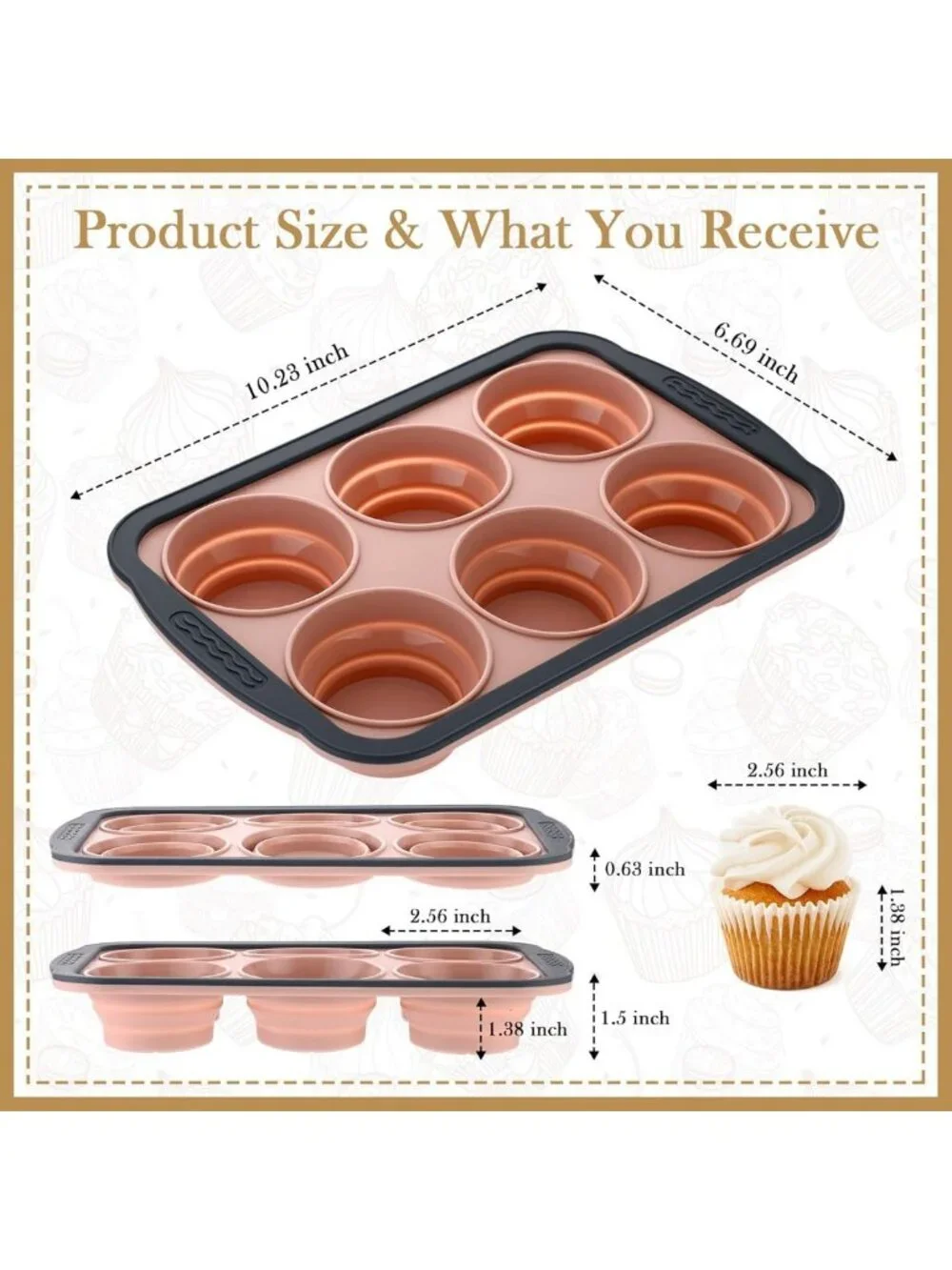 2 Pack Nonstick Silicone Muffin Pans - Collapsible 6 Cup Baking Tray, Oven Safe